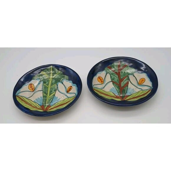 Talavera Calla Lily Hand Painted Mexico Coaster Appetizer Plate Set Of 2 - Picture 1 of 5